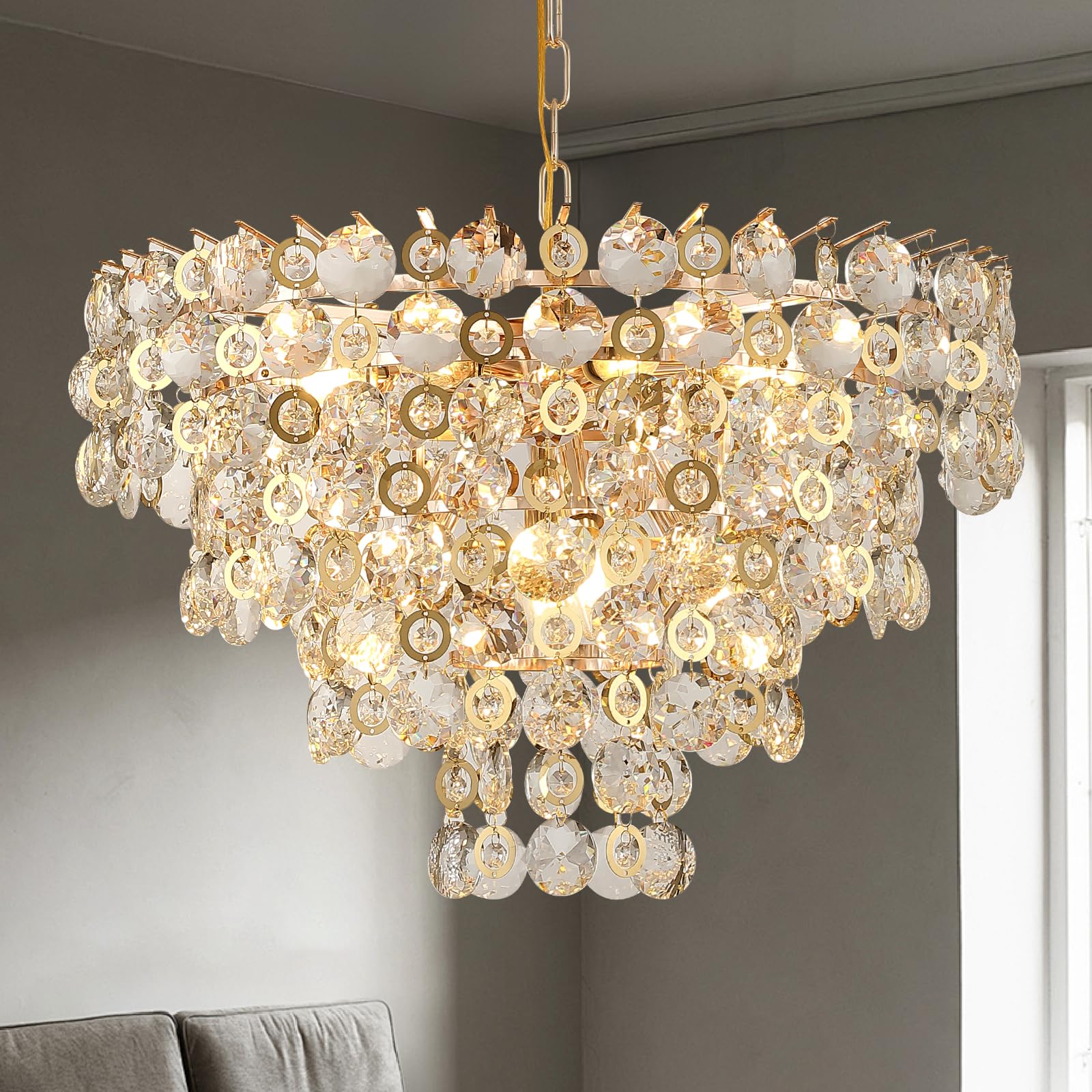 Photo 1 of ***FACTORY SEALED*** AXILIXI Gold Crystal Chandelier 24’’ Modern Round Chandeliers for Dining Room K9 Crystal Ceiling Pendant Light Fixtures Luxury Raindrop Flush Mount Chandelier for Foyer Living Room Staircase