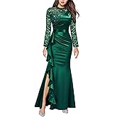 Miusol Women's Vintage Lace Contrast Satin Design Ruched Ruffle Formal Evening Maxi Dress