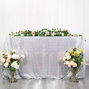 ShiDianYi 90inx156in Silver Sequin Tablecloth, Silver Wedding Tablecloth, Silver Glitter Tablecloth, Silver Sparkly Tablecloth