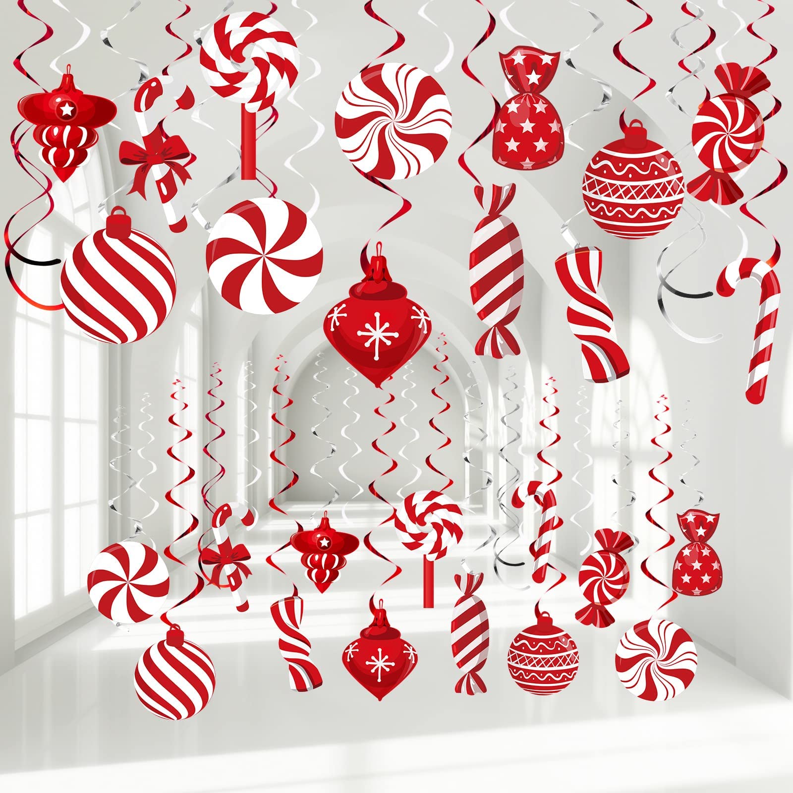 26PCS Ceiling Christmas Decorations, Christmas Hanging Foil Swirl Candy Ceiling Xmas Decor Ceiling Hanging Decorations for Holiday Party Supplies