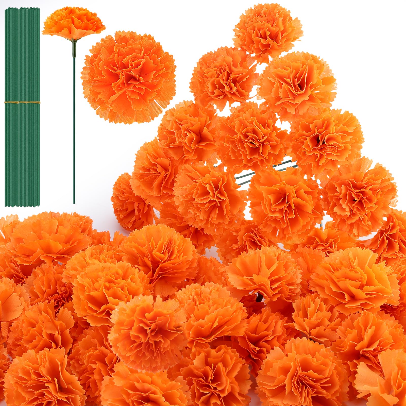 Photo 1 of 100 Pcs Artificial Marigold Flower Heads,Silk Marigold Heads Bulk with Stems,Fake Flowers for Diwali Home Decor, Day of The Dead, Party, Indian Wedding, Halloween Decor, DIY Wreath Garland