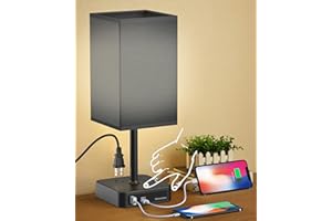 Bedside Table Lamp with USB A & USB C Charging Port and 2 AC Outlet, Touch Control Bedroom Lamp with Charger Base and Black F
