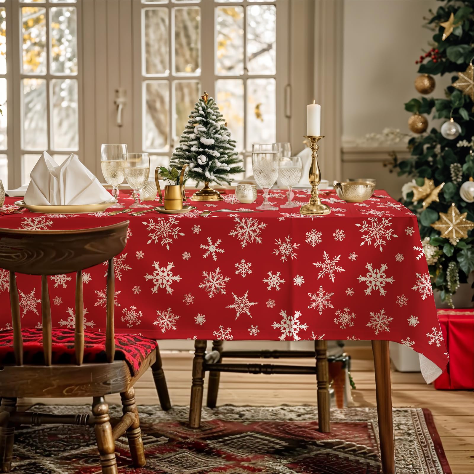 AIBIIN 142x213cm Christmas Tablecloth white Snowflake Rectangle Holiday Table Cloth Waterproof Polyester Fabric Red Table Cover Party Table Decor Supplies