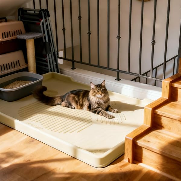ISSEVE CAT LITTER MAT 40″ X 28″ XL, EXTRA LARGE SILICONE MAT FOR LITTER BOX, 1.38″ RAISED EDGE URINE WATERPROOF LITTER TRAPPING MAT PAD FOR SCATTER CONTROL, SOFT ON KITTY PAWS, PROTECT FLOOR (BEIGE)
