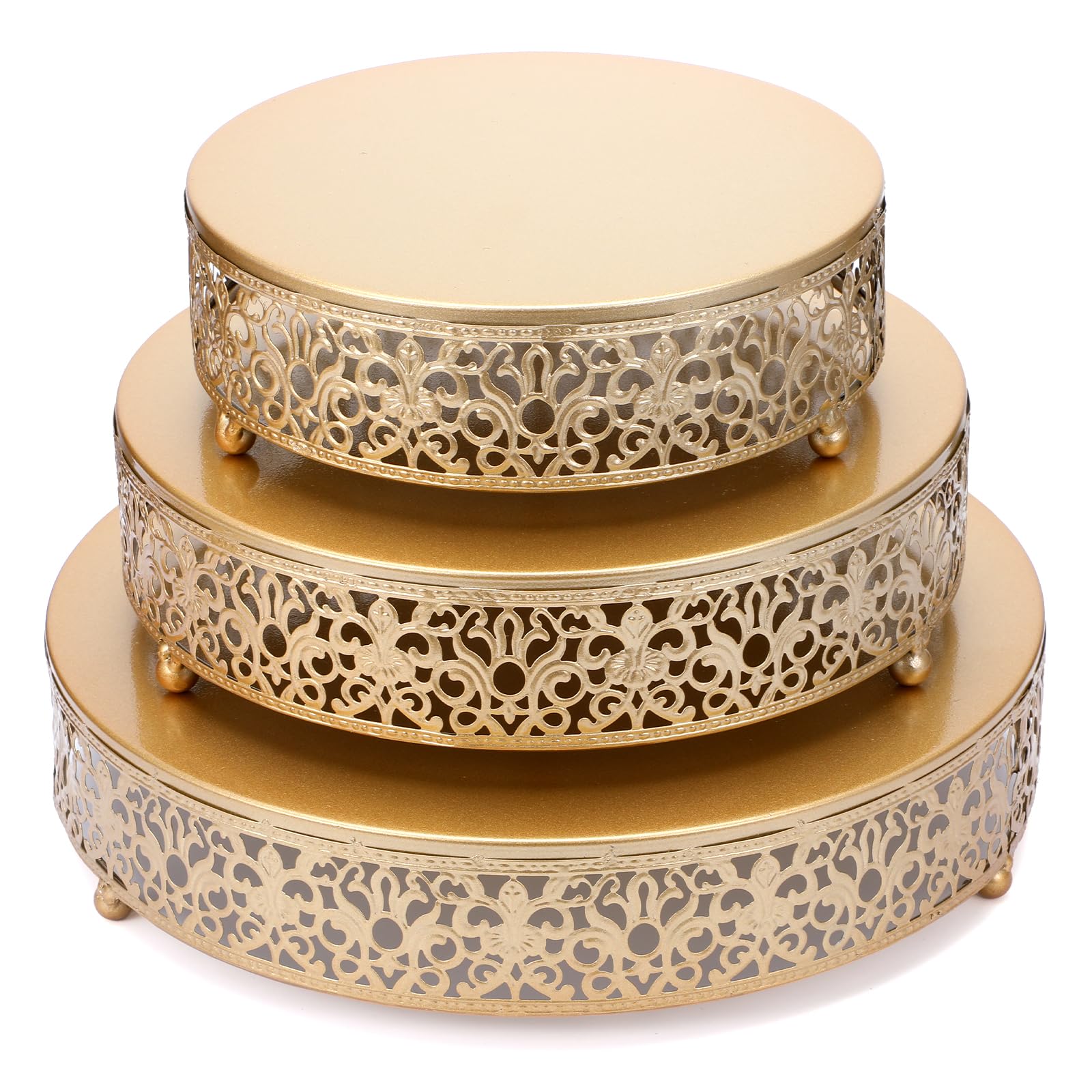 Photo 1 of 3 Pieces Golden Cake Stand Set, 8/10/12 Inch Round Metal Dessert Display Stand Decorative Cake Holder Cupcake Pastry Candy Display Plate for Wedding, Party, Birthday, Event