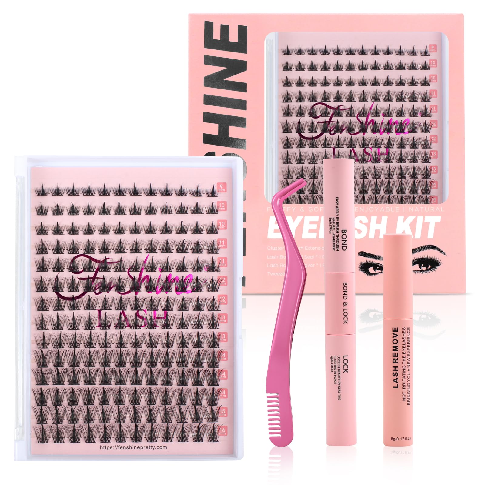 Fenshine Cluster Lashes Individual Lashes Wide Stem C/D Curl 9-15mm Length DIY Eyelash Extension Individual Soft False Lashes for Personal Use at Home (Wheat Shape, 9-16mm Kit)