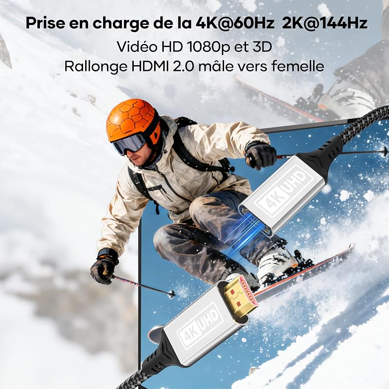 Câble d'extension HDMI 2.0,1m 4K@60Hz et 2K@144 Hz,câble en nylon tressé mâle vers femelle,haute vitesse 18 Gbit/s,UHD ARC HDR HDCP 2.2,compatible avec TV Stick,HDTV,PS5 et PS4. — photo 3 sur 7