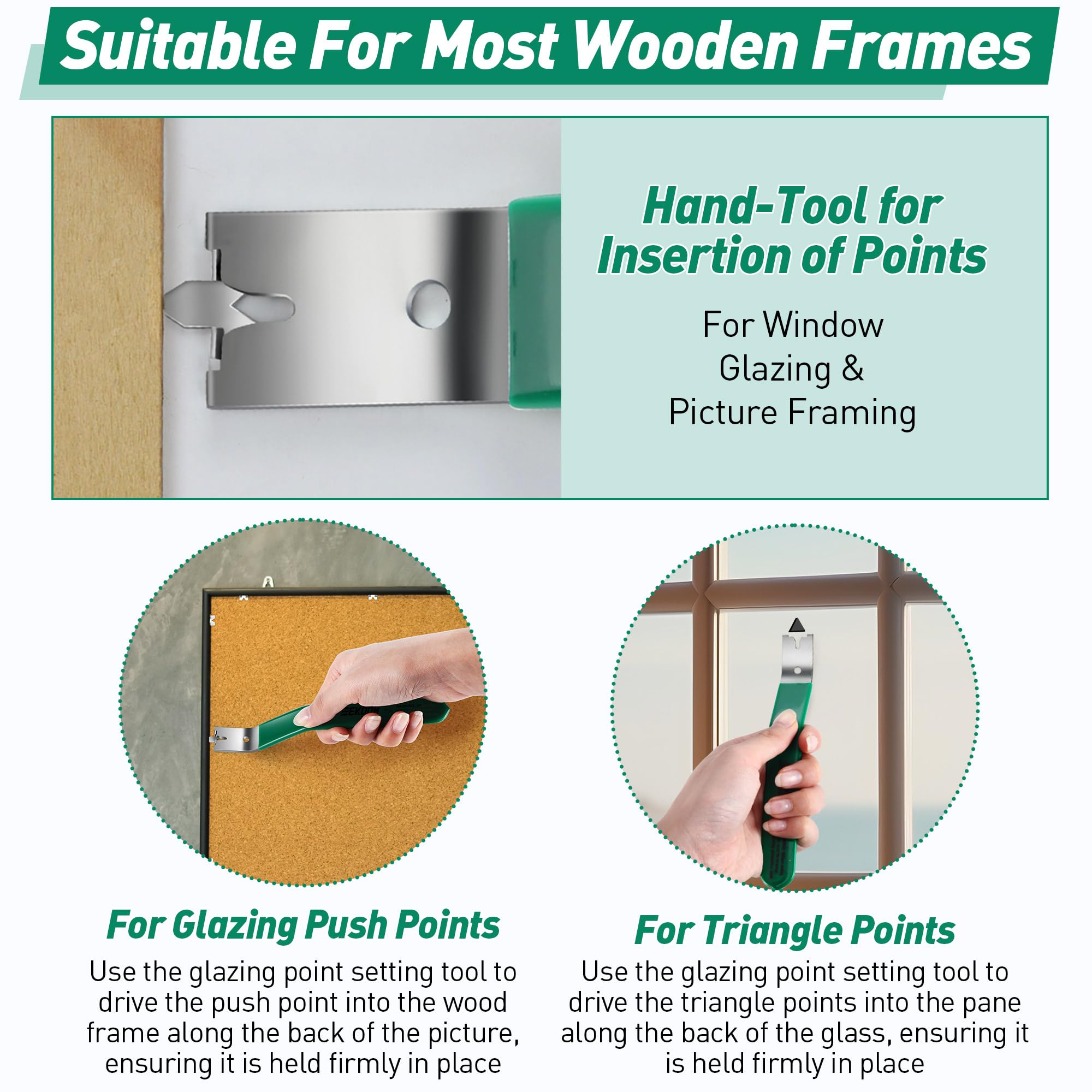 Feekoon Glazier Point Driver, Glazier Setting Tool with 100 Push Points, Glazing Push Point Driver Tool for Framing Glass Picture Cross Stitch(Green)