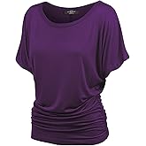 Made By Johnny Women's Casual Solid Short Sleeve Boat Neck/V Neck Dolman Top T Shirt with Side Shirring