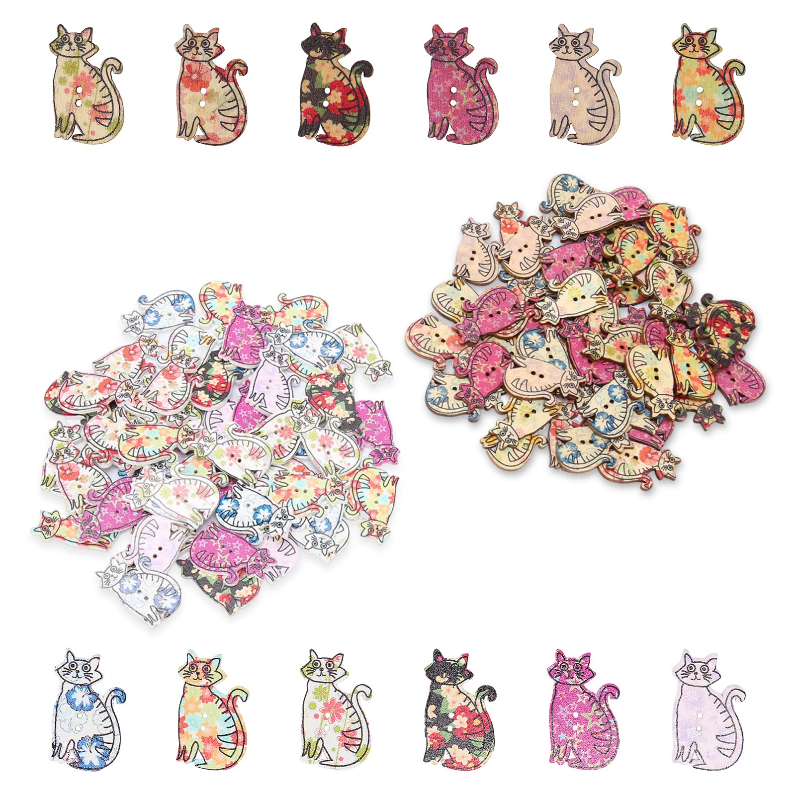 Buachois Cat Shaped Wooden Buttons, 100 Assorted Color Craft Buttons for DIY Clothing & Handmade Crafts