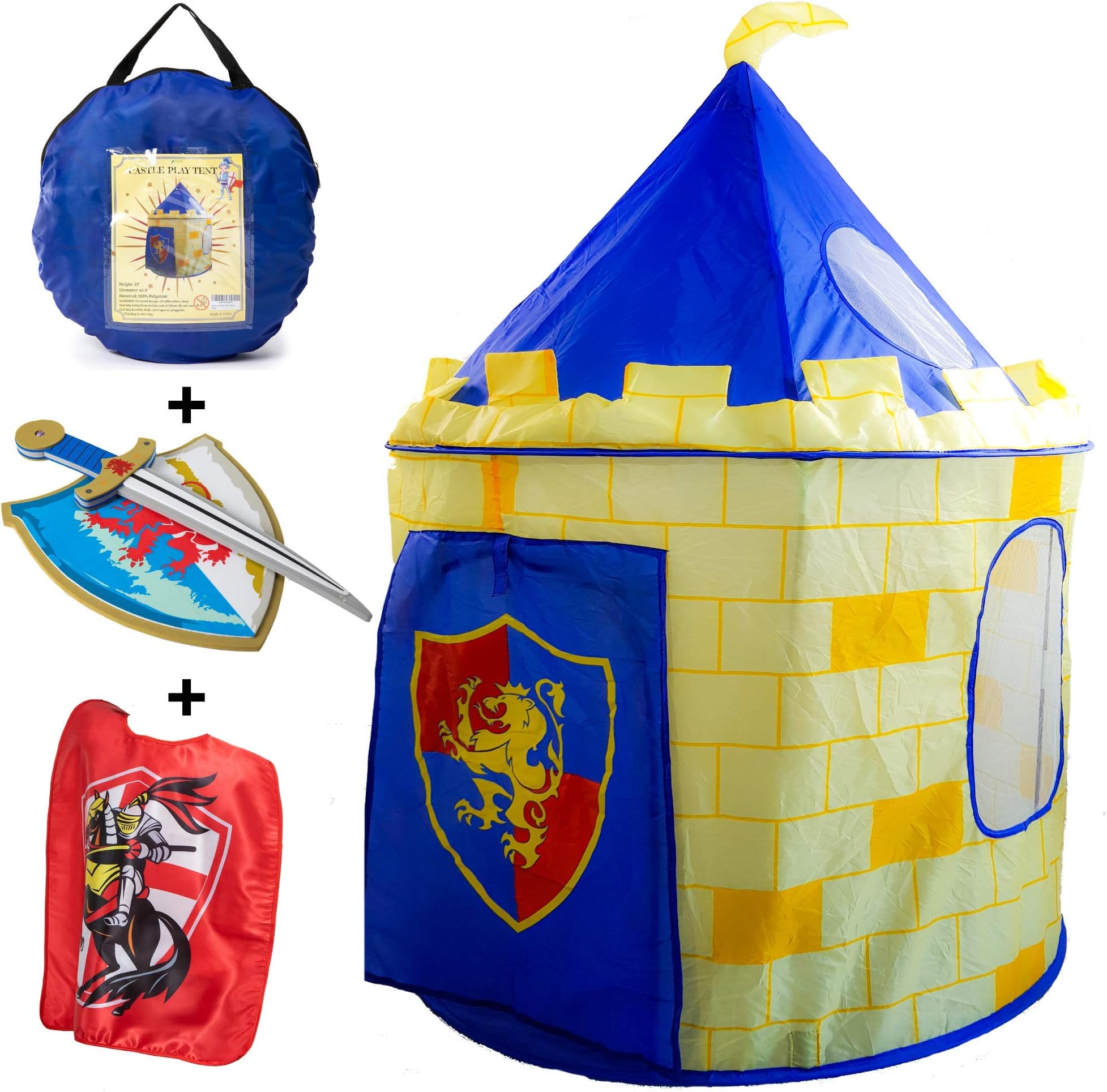 Nona Active Knight Castle Play Tent Set for Kids - Foldable with Easy Setup Plus Foam Sword and Shield and a Red Cape