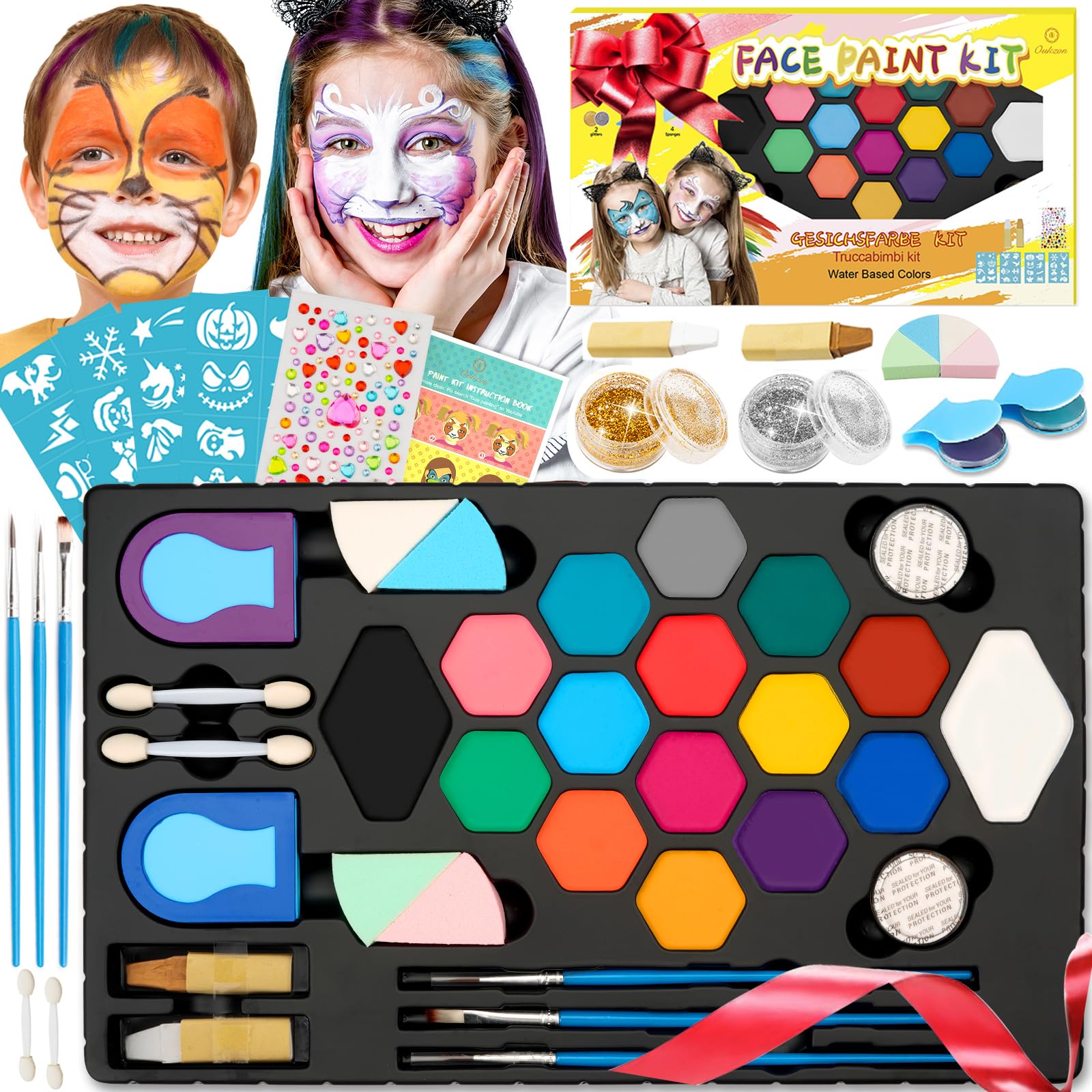Oukzon Face Paints for Children, 18 Colors Face Painting Kit Professional - Non Toxic, Water Based with 32 Stencils, Gems, Paints Book, Hair Chalks, Body Facepaints for Halloween, Carnival, Cosplay