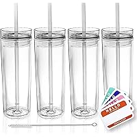 SKINNY TUMBLERS 4 Clear Acrylic Tumblers with Lids and Straws | 16oz Double Wall Clear Plastic Tumblers + FREE Straw…