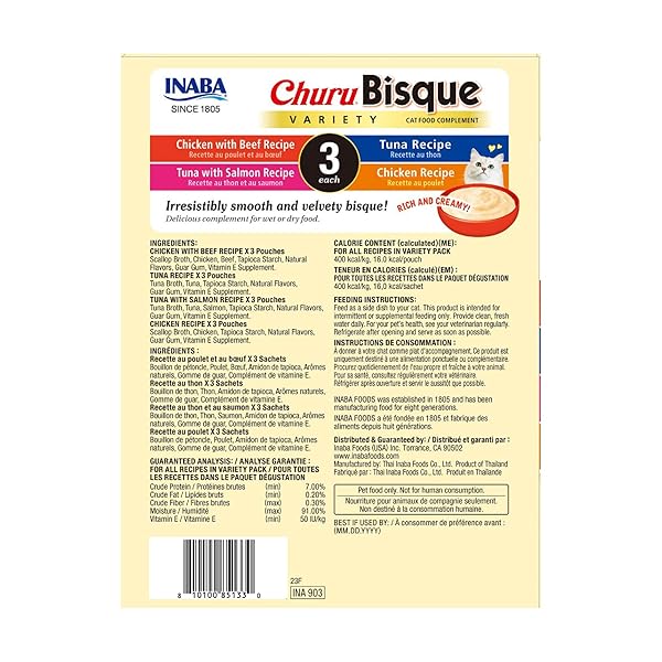 INABA CHURU BISQUE FOR CATS, CREAMY LICKABLE PURÉE SIDE DISH WITH VITAMIN E, 1.4 OUNCES PER POUCH, 12 POUCHES, TUNA & CHICKEN VARIETY