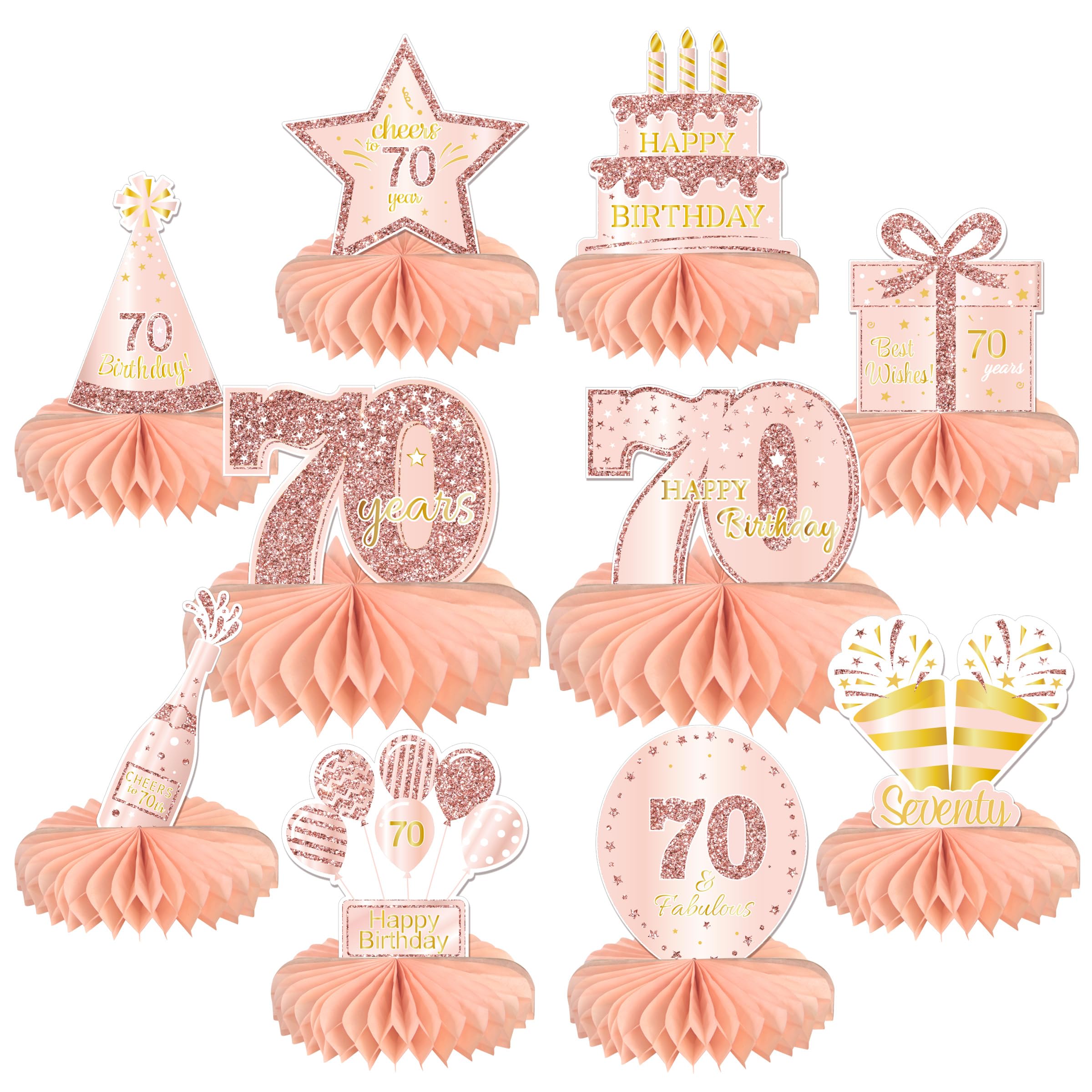 Photo 1 of 10PCS 70th Birthday Decorations Centerpieces for Table Decorations,Rose Gold Pink Happy 70th Birthday Honeycomb Table Topper Birthday Party Decoration for Women (Rose Gold & Pink, 70 Years)