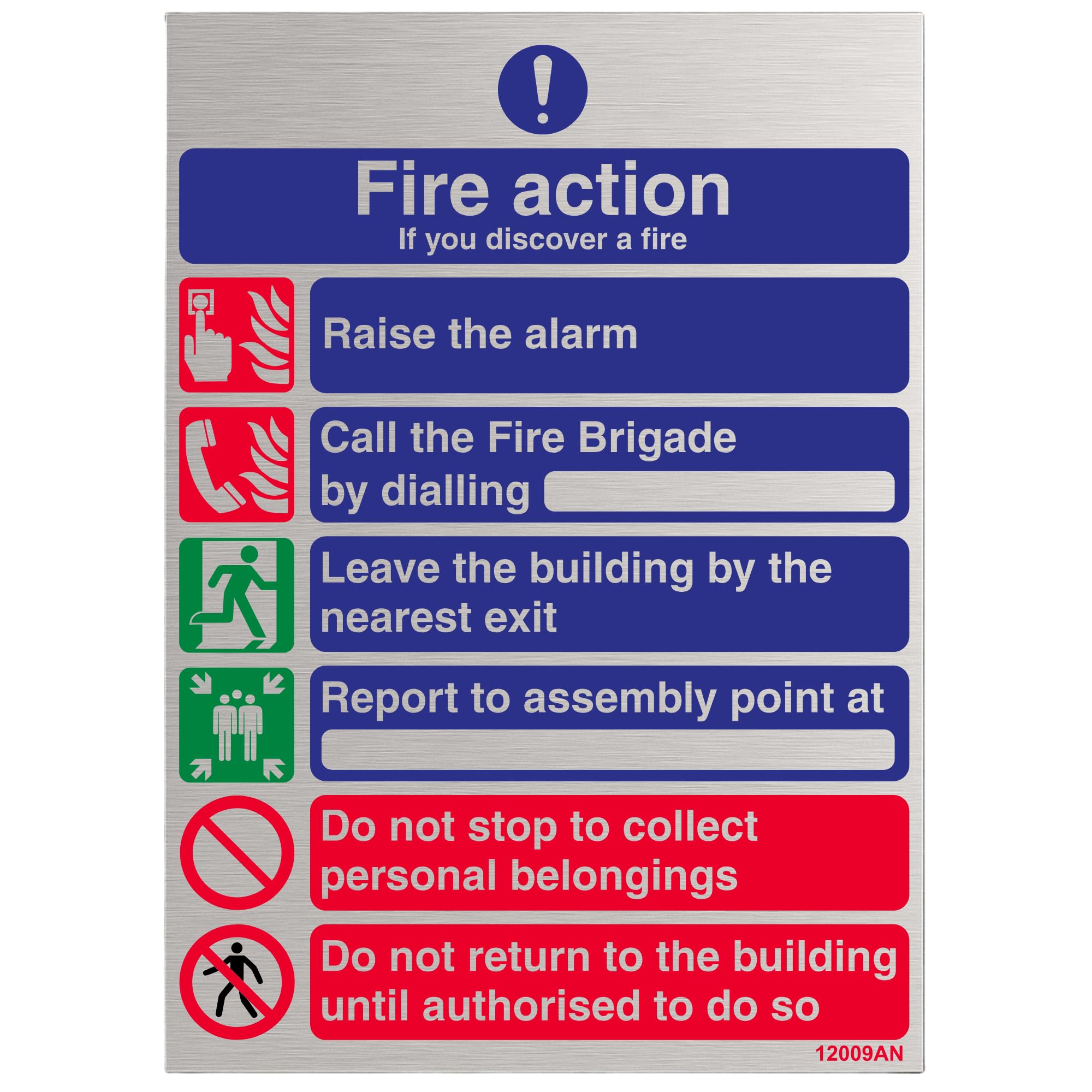 V Safety General Fire Action 6 Message Sign - 150mm x 200mm - 3mm Brushed Alu Comp