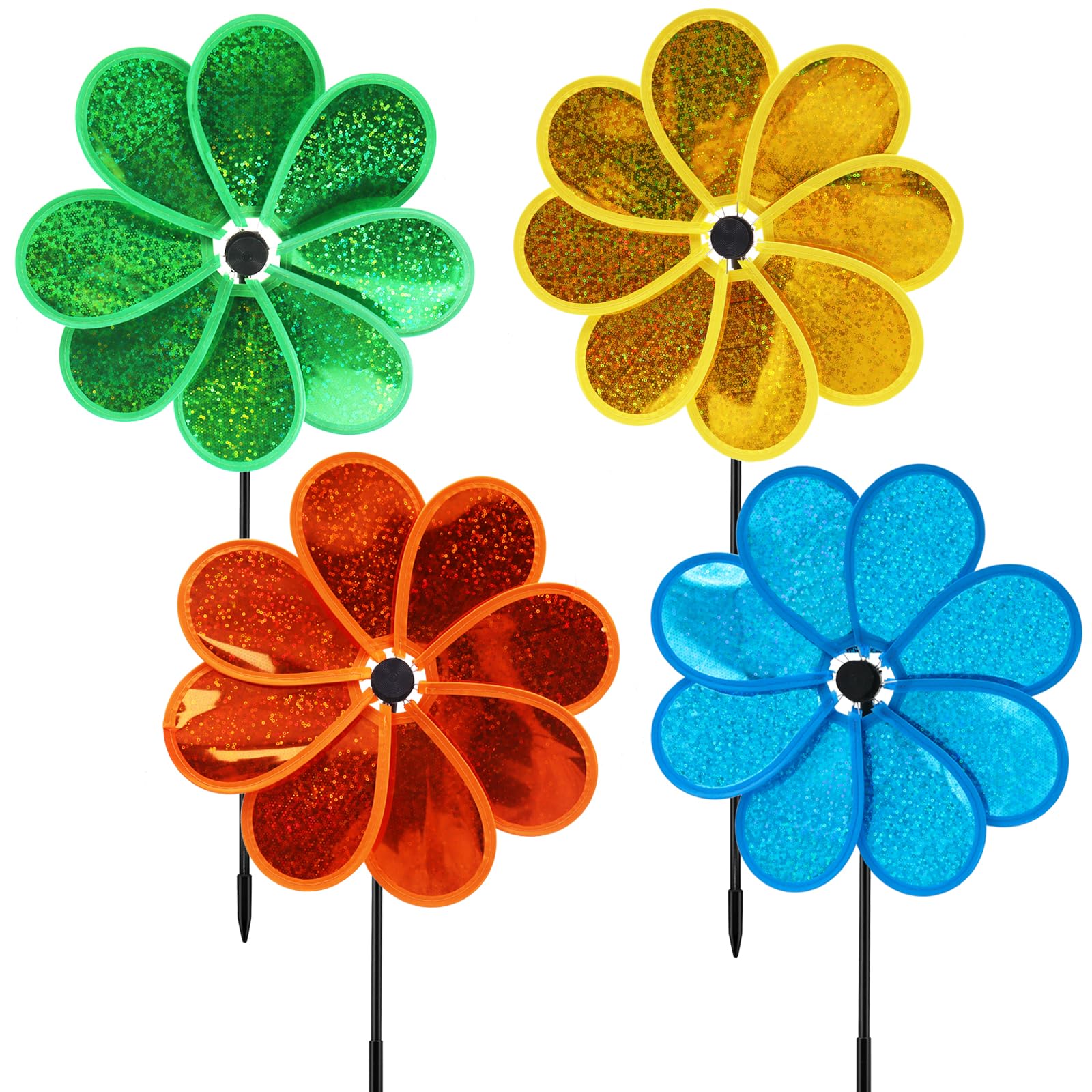 4PCS Flower Wind Spinner Sparkly Lawn Pinwheel 11.8 inch Colorful Green ...