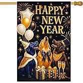 HOMETITUTE Happy New Year House Flag 28x40 Inch Double Sided Garden Flag Dogs Balloons Champagne and Gift Design Winter Holiday Yard Banner Large Outdoor Polyester Flag for Porch Lawn Home Decoration