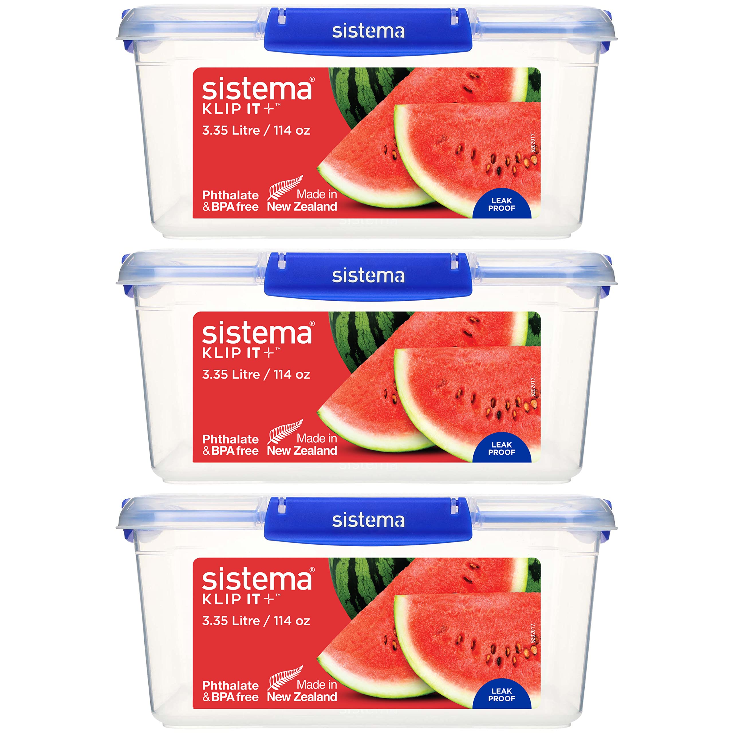 Sistema KLIP IT PLUS Food Storage Containers | 3.35 L | Leak-Proof, Stackable & Airtight Fridge/Freezer Containers with Lids | BPA-Free Plastic | Blue Clips | 3 Count Image