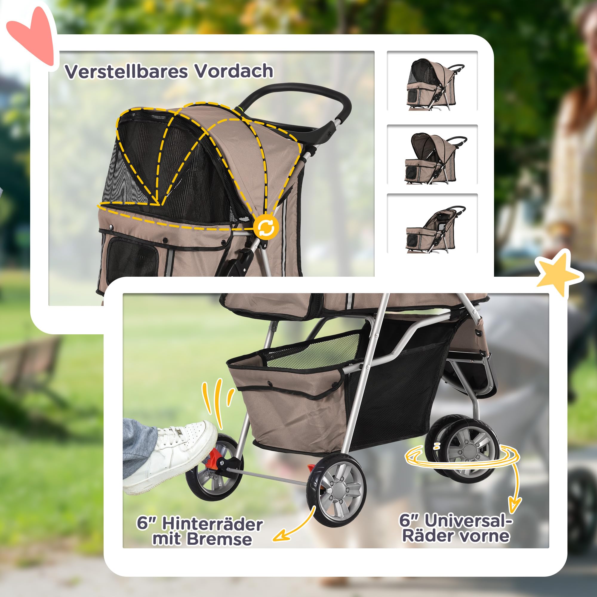 PawHut Hundewagen Hundebuggy Buggy Hunde Katzen Pet Stroller Hunde Buggy Kaffeebraun 6
