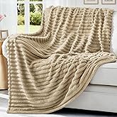 decorUhome Soft Fleece Light Brown Throw Blanket for Couch, Cozy Fluffy Plush Flannel Striped Blanket for Sofa Bed, Lightweight Decorative Ribbed Fuzzy Blanket for Woman, 50x60 Inches