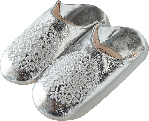 Amazon Cocomorocco シルバー レザー バブーシュ ホワイト スパンコール モロッコ 室内 スリッパ ルームシューズ レディース Cocomorocco スリッパ ルームシューズ