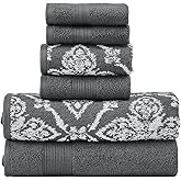 Modern Threads Amaris 6-Piece Reversible Yarn Dyed Jacquard Towel Set - Bath Towels, Hand Towels, & Washcloths - Super Absorbent & Quick Dry - 100% Combed Cotton, Coal