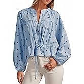 Tankaneo Womens Striped Cropped Button Down Shirts Puff Long Sleeve Peplum Tops Drawstring Waist Loose Fit Blouses