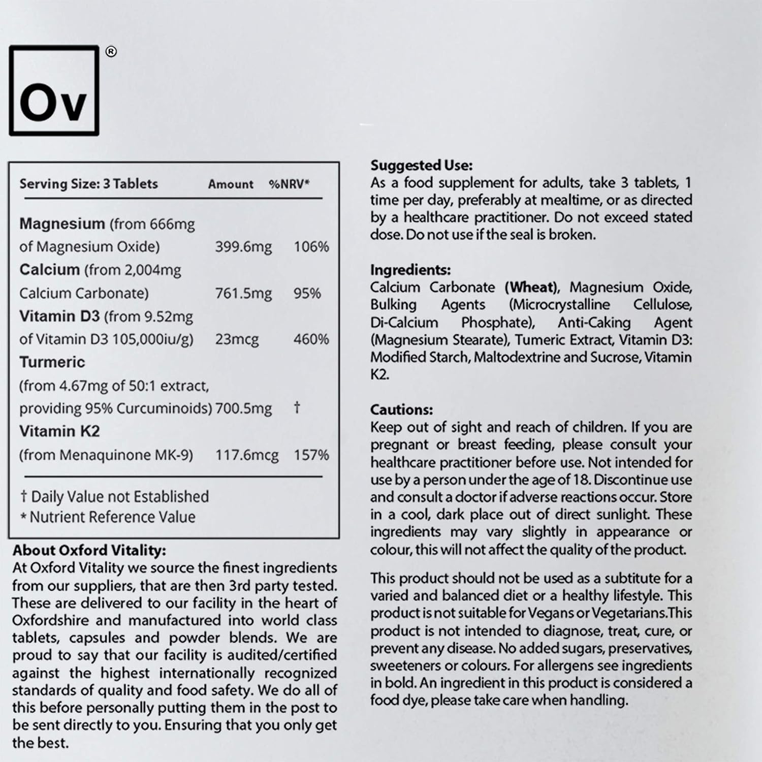 Oxford Vitality Magnesium, Calcium, Vitamin D3 4000IU + K2 MK-7 & Turmeric Tablets - Image 5