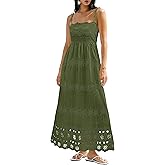 dowerme Womens Summer Maxi Dresses 2026 Casual Spaghetti Strap Smocked Eyelet Cotton Dress Long Beach Vacation Sundress