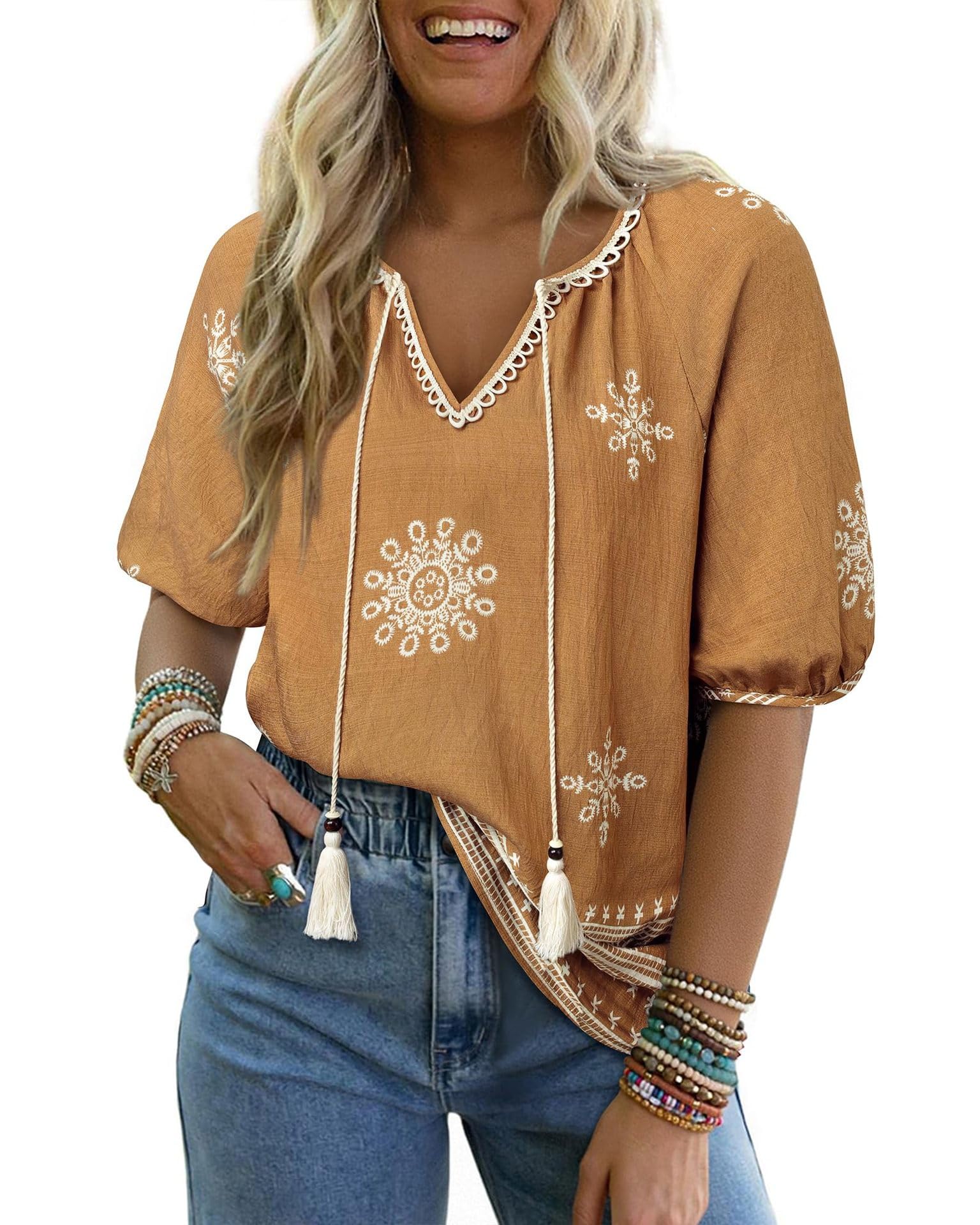 Chvity Peasant Blouses for Women Dressy Tie Front