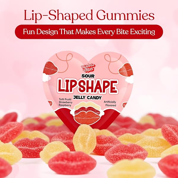 75 PCS – 15 PACKS OF 5 VALENTINE’S DAY SOUR PUCKER GUMMY – HEART SHAPED PACKS WITH 5 LIP CANDY IN EACH BAG, STRAWBERRY, RASPBERRY & TUTTI FRUTTI FLAVORS, VALENTINE CANDY GIFT BOX