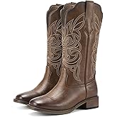 Rollda Cowgirl Boots Cowboy Boots for Women Square Toe Mid Calf Western Boots Ladies Fashion Boots with Chunky Heel