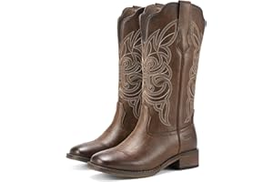 Rollda Cowgirl Boots Cowboy Boots for Women Square Toe Mid Calf Western Boots Ladies Fashion Boots with Chunky Heel