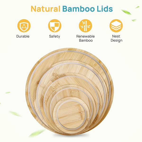 VTOPMART 5 PACK GLASS MIXING BOWLS WITH BAMBOO LIDS SET (3.75/2.1/1.1/0.5/0.2 QT), SALAD BOWL SET, NESTING KITCHEN BOWLS FOR SERVING, PREPPING, COOKING AND BAKING, DISHWASHER & MICROWAVABLE SAFE