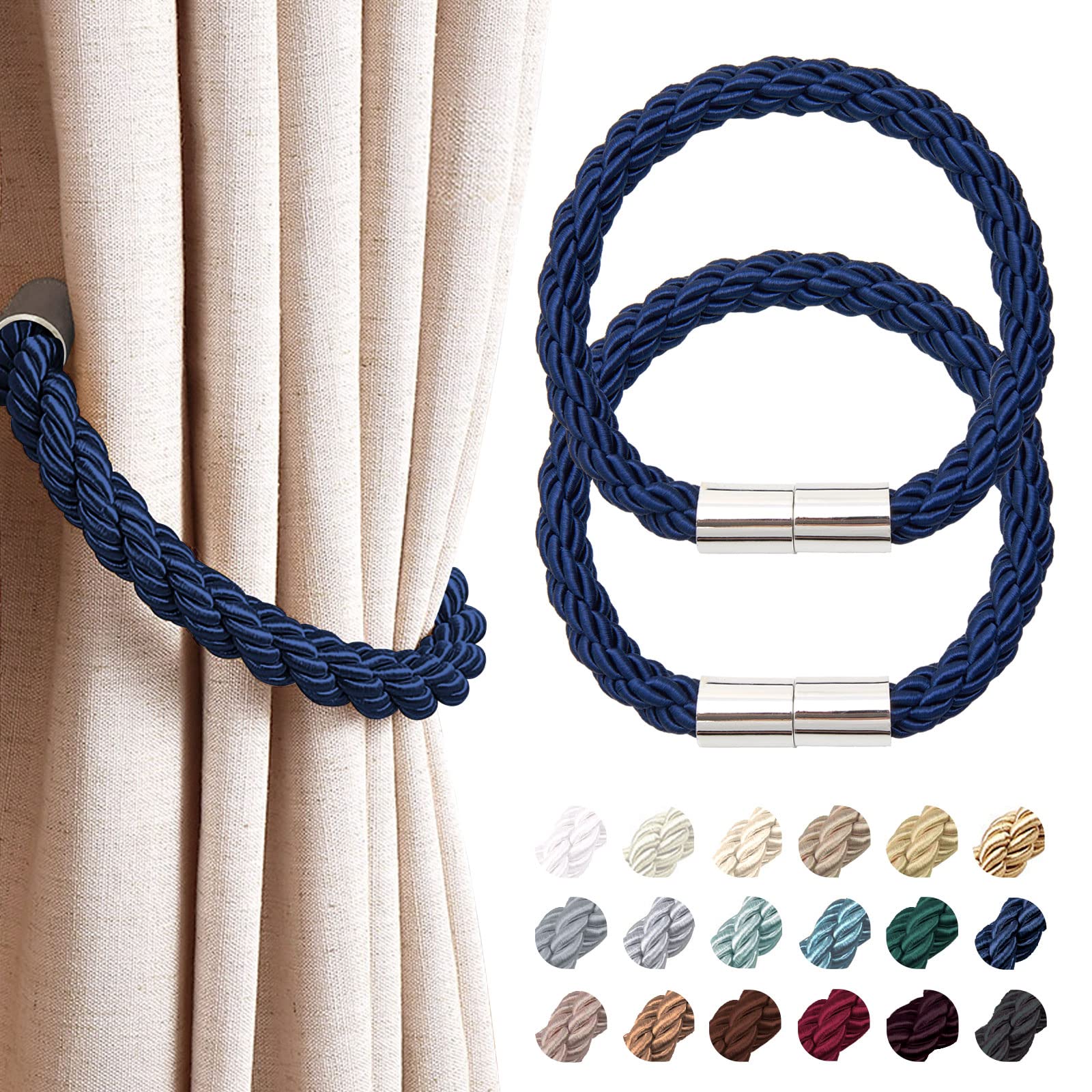 Pretty Jolly 2 Pack Strong Magnetic Curtain Tiebacks Modern Simple Style Drape Tie Backs Convenient Decorative Weave Rope Curtain Holdback for Thin or Thick Home & Office Window Drapery (Royal Blue)