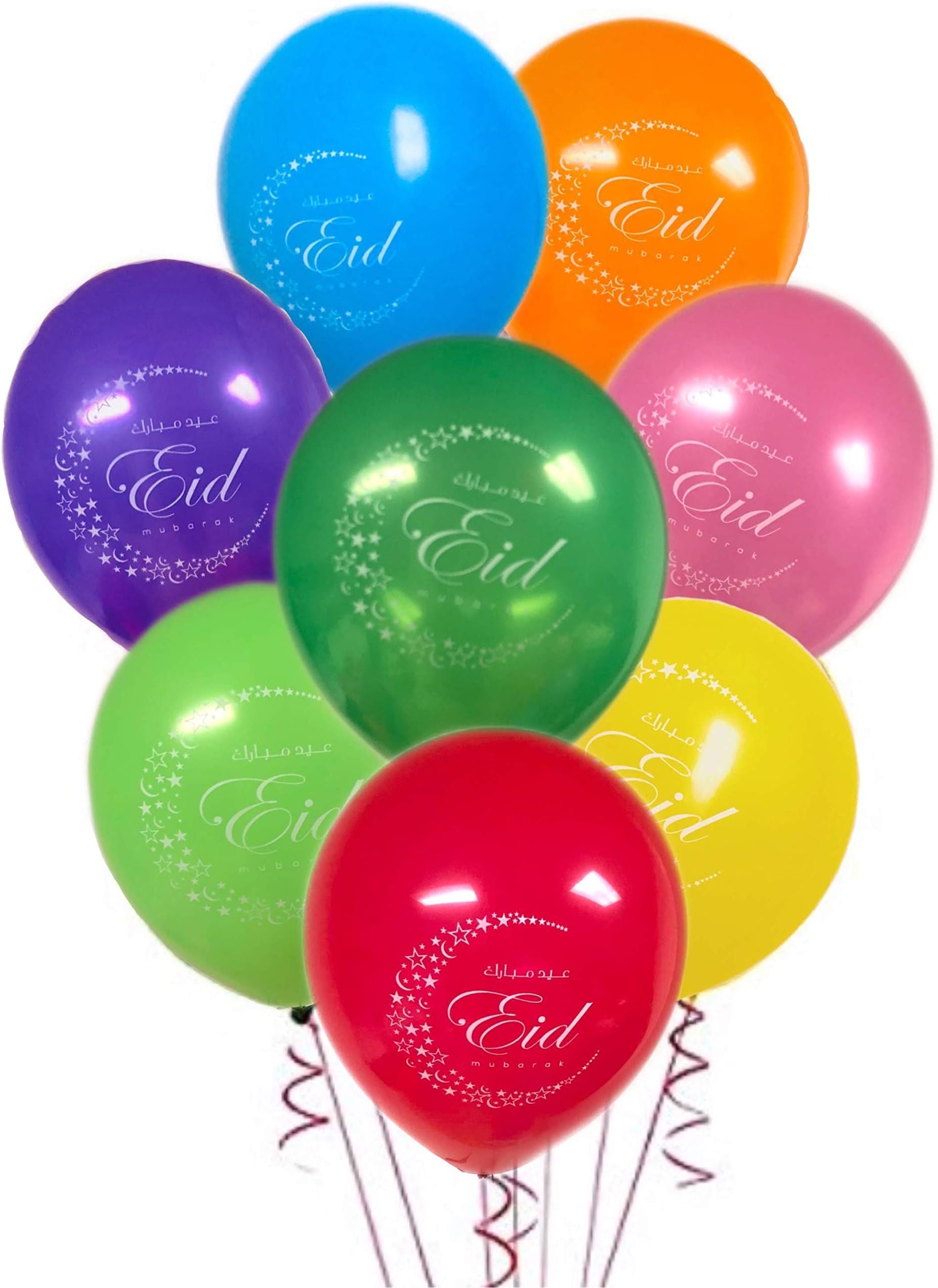 Bright Crescent - Eid Mubarak Printed Latex Balloons & Decorations 12'' (Pack of 20, Assorted Colors)