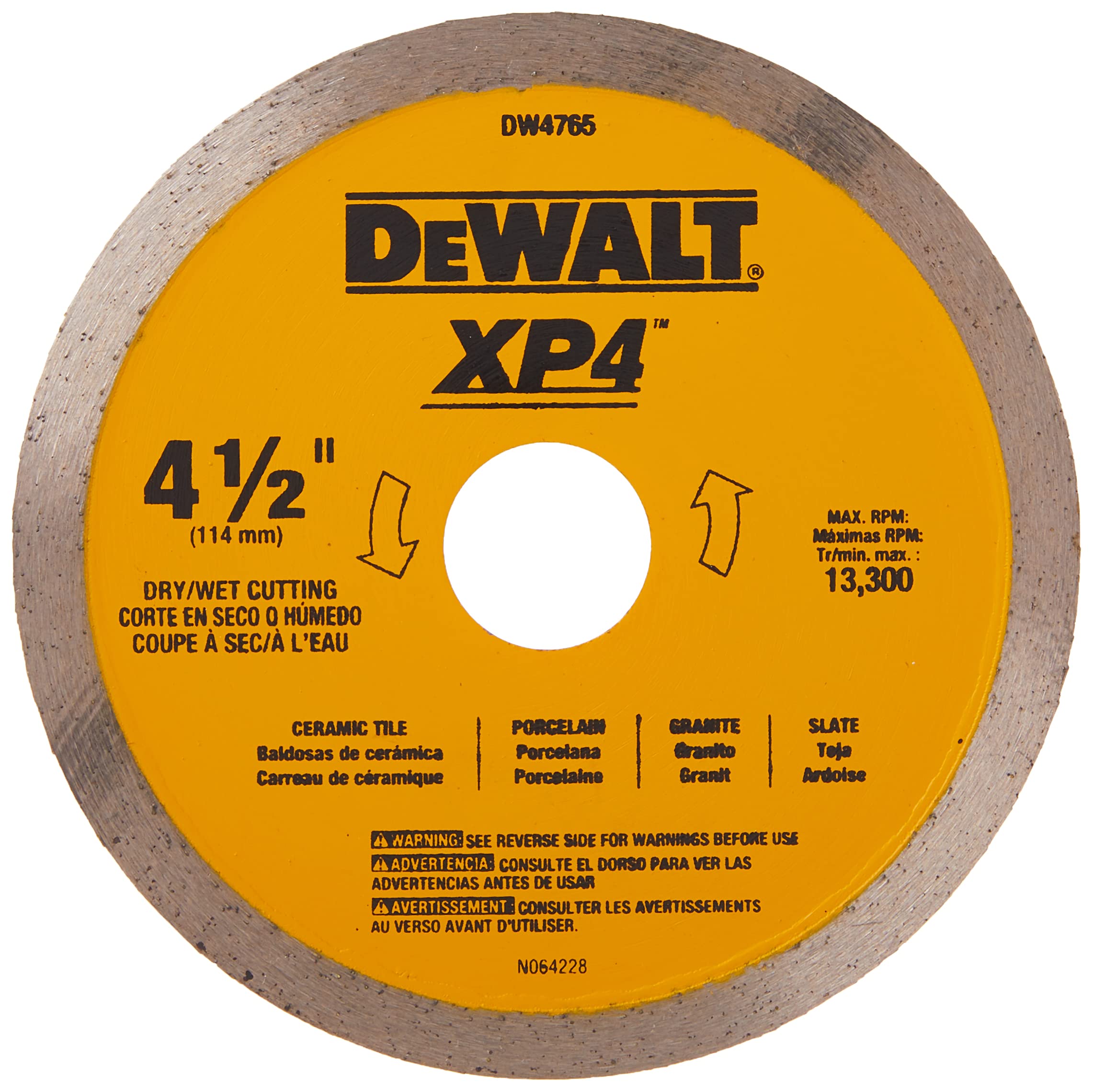 DEWALT Diamond Blade for Porcelain Tile, Wet/Dry, 4-1/2-Inch (DW4765), Yellow