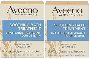 Aveeno Fragrance Free Soothing Bath Treatment, 100% Natural Colloidal Oatmeal, Sensitive Skin Bath Soak for Relief of Dry, Itchy, Irritated Skin Due to Eczema & Hives, Bath Packets, 8 ct. (Pack of 2)
