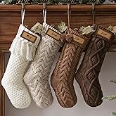Farmhouse Knitted Personalised Christmas Stockings: 4 Pack 18 Inch Rustic Neutral Cable Knit Fireplace Stockings, Rustic Cozy Hanging Xmas Stocking Decorations for Family Holiday Décor, Earth Tones