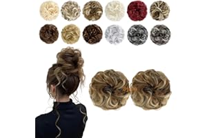 FeidyLong 2 PCS Messy Bun Hair Piece Wavy Curly Scrunchies Synthetic Chignon Ponytail Hair Extensions Thick Updo Hairpieces for Women Girls(Ash Blonde Mix Ginger Brown)