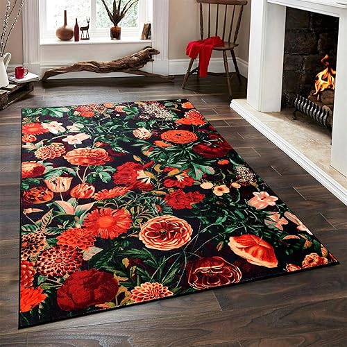 Estmy Vintage Floral Washable Rug Ultra Thin, Moody Black Aesthetic Cute Bedroom Rugs Dark Flowers Boho Cottagecore Country 3x5 Area Rug Accent Carpet for Entryway Kitchen Living Room Nursery Dorm