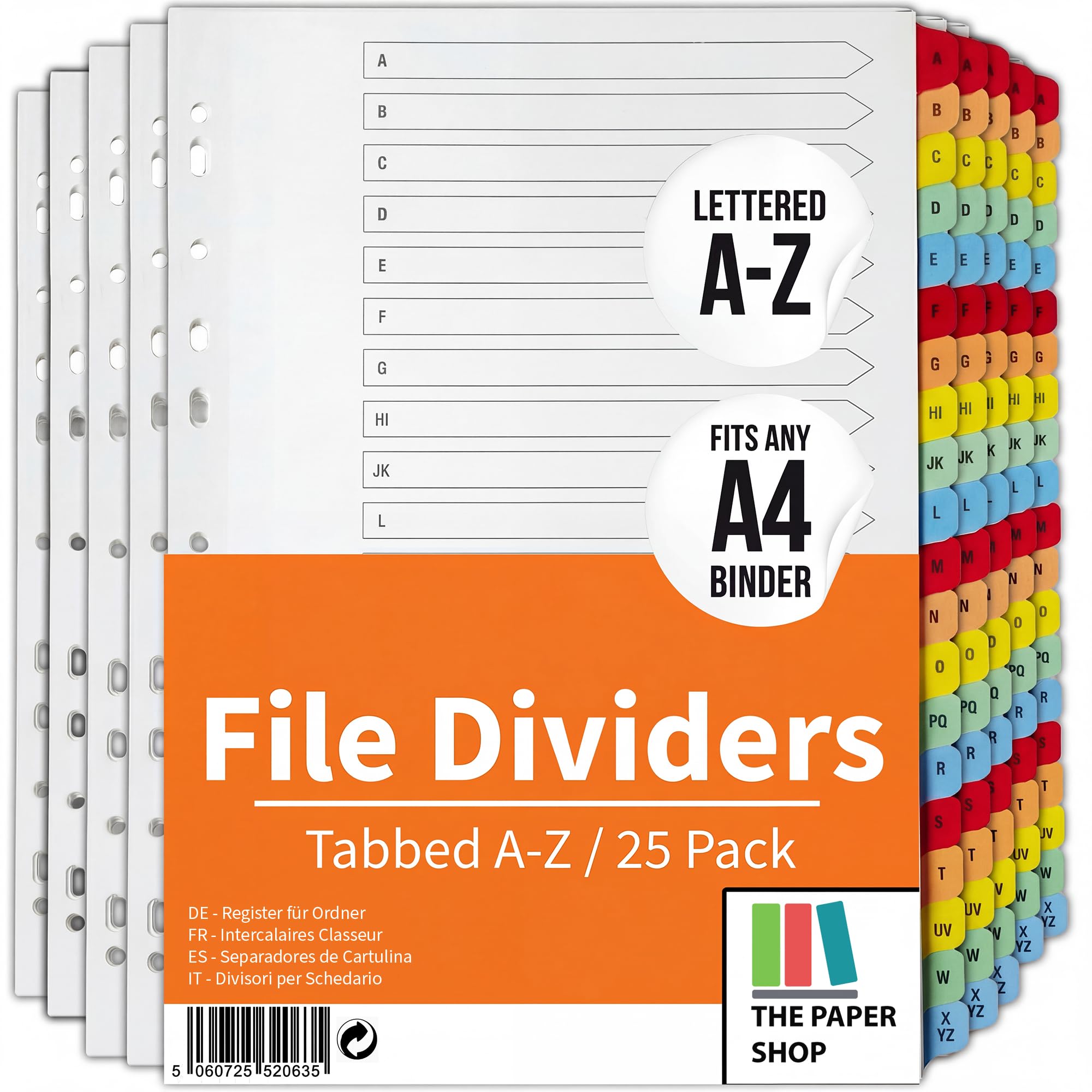 [25 Pack] A4 File Dividers A-Z Tabs | A4 Alphabetical Subject Dividers A-Z with Multipunched Reinforced Colour Tabs