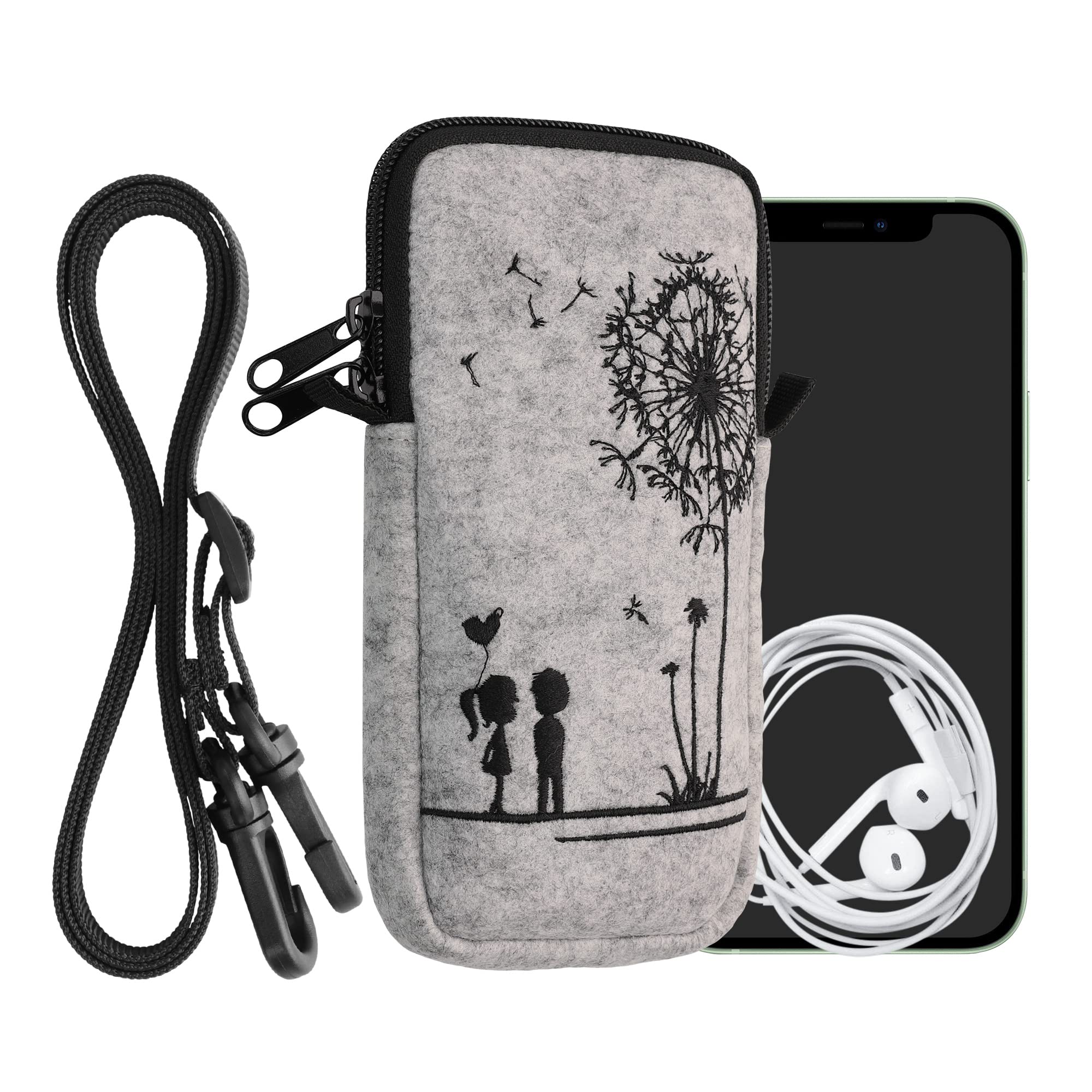 kwmobile Felt Phone Bag with Design XL - 6.7/6.8" - 17.2 x 8.4 cm Strap Holder - Dandelion Love Black/Light Grey