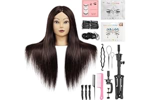 TwoWin 26"-30'' Mannequin Head Human Hair, 90% Human Hair with Tripod Stand, Face Gem Hairdressing Training Doll Head with Tripod & Clamp, Styling Practice Manikin for Cutting, Braiding, Makeup, Cosmetology Students