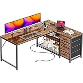 PRAISUN 53" L Shaped Desk with Power Outlets and USB-C Port, Reversible Computer Corner Office Desk with 4 Fabric Drawers and 2 Height-Adjustable Shelves, Large for Gaming Writing Study, Rustic Brown