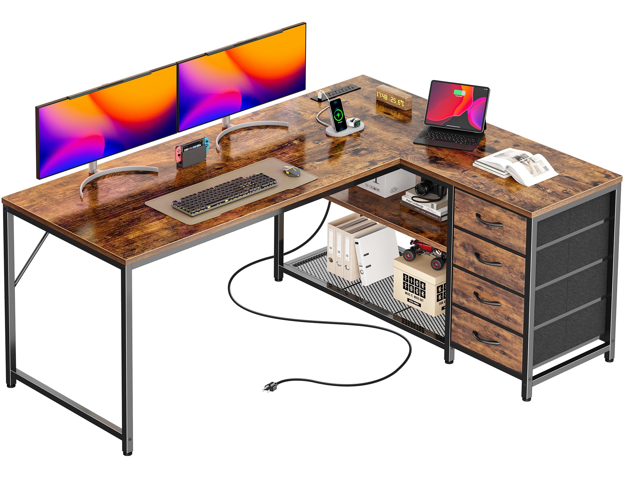 PRAISUN 53" L Shaped Desk with Power Outlets and