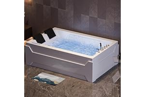 Homary 73" Whirlpool Bathtub, Modern Luxury Spa Bathtub Jetted Bathtub with 22 Therapeutic Jets, Waterfall & LED Lighting, 105-Gallon Capacity, Acrylic Soaking Tub with 3-Sided Apron Design