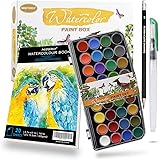 MUJINHUA Watercolor Paint Set, 36 Vivid Colors in Gift Box with Art Pad Paper Watercolor Brushes Sketching Pencil and Palette