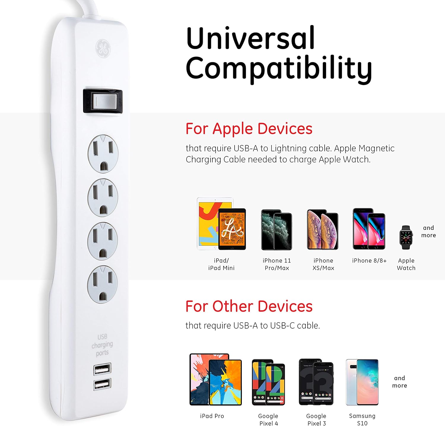 GE 4-Outlet Surge Protector, 2 USB Ports, 3 Ft Power Cord, 450 Joules, Twist to Lock Safety Covers, Automatic Shutdown Technology, Circuit Breaker, Warranty, UL Listed, White, 14090: Home Audio & Theater